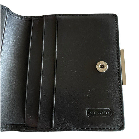 COACH Small Soft Black Leather Bi Fold Silver Coin Purse Wallet Cards Bills VTG - Picture 2 of 9